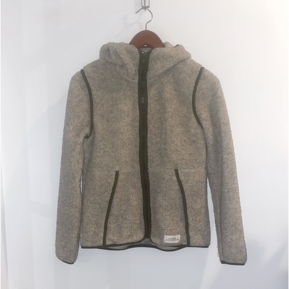 REI Women's Aureum Sherpa Fleece Hoodie, Cream with Olive Green Trim, sz XS - Picture 3 of 13